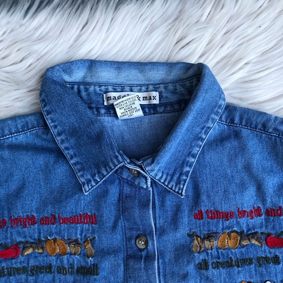 Vintage Maggie & Max Embroidered Chambray Denim Farmhouse Button Down Shirt XL - Picture 3 of 8